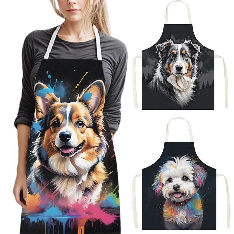 Camping Cooking Apron - カラフルな犬の肖像画キッチンエプロン - 面白い動物グラフィックリネンシェフエプロン 男性用 女性用 料理