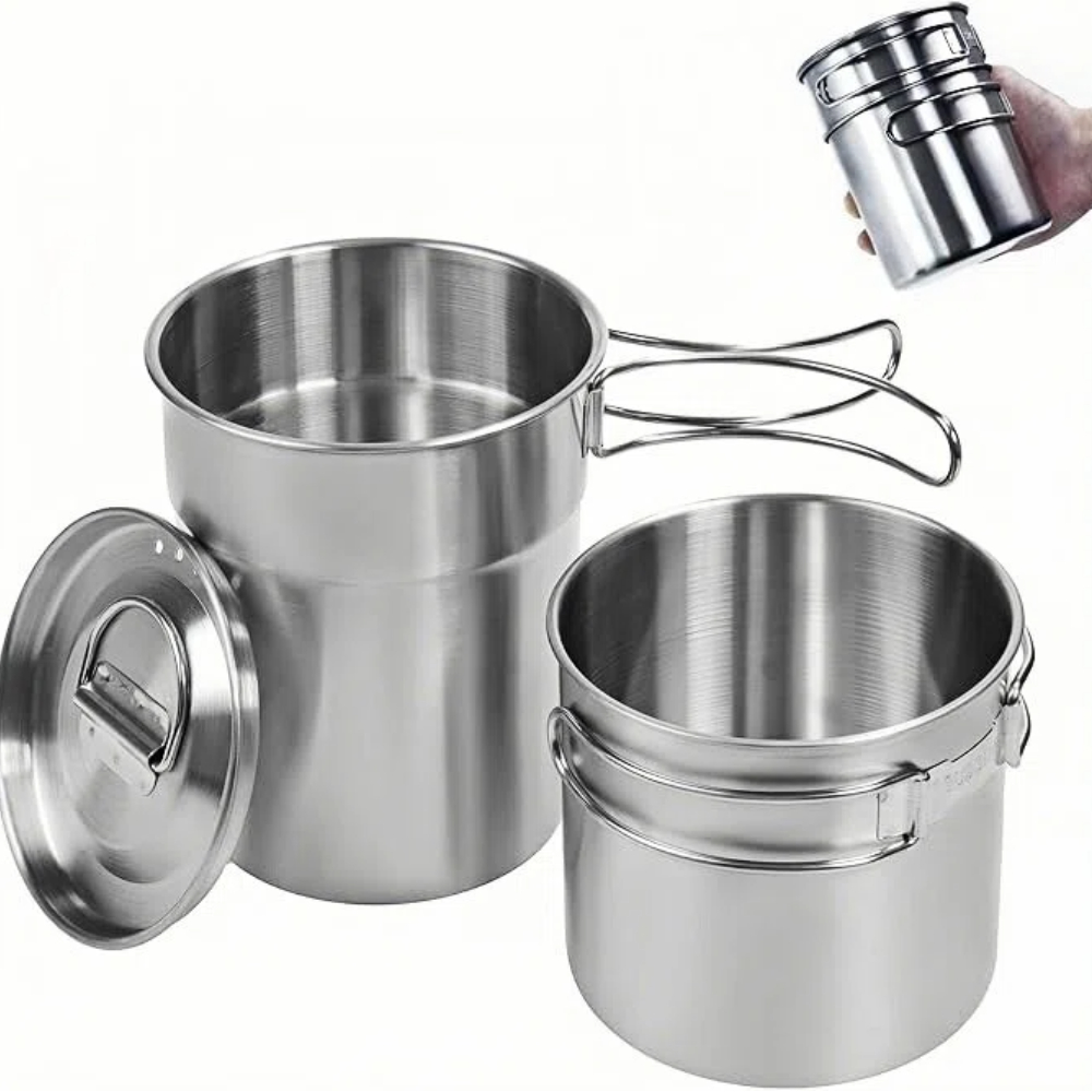 Camping Cooking Pot With Lid - 折りたたみ式キャンプカップマグカップキャンプポット調理器具304食品グレード屋外キャンプクッキングセット（通気蓋付き、ステンレス鋼バックパック）