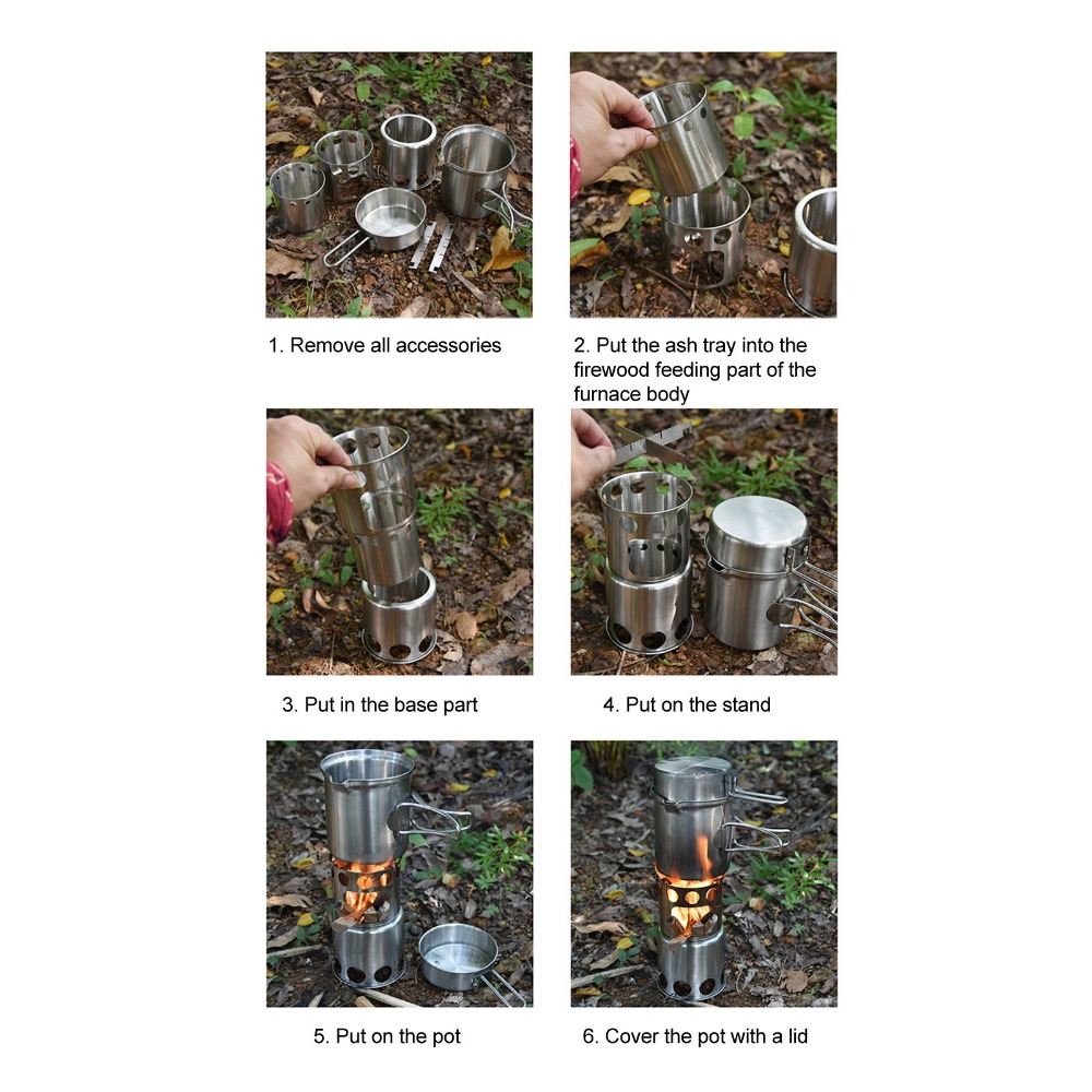 Camping Cooking Pot Stainless Steel - 耐久性のあるステンレス鋼キャンプ調理器具セットノンスリップサポートメッシュポーチ付き調理鍋セットキャンプ鍋セットアウトドアクッキング