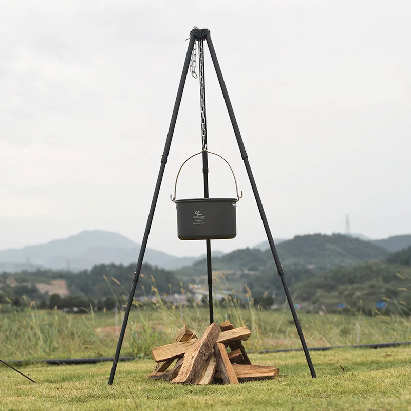 Camping Cooking Pot Tripod - 屋外調理用三脚、キャンプ、ピクニック、キャンプファイヤー、クッキングポット、ハンギングチェーン、トライアングルサポート、スタンドラック、バーベキュー用品、1個