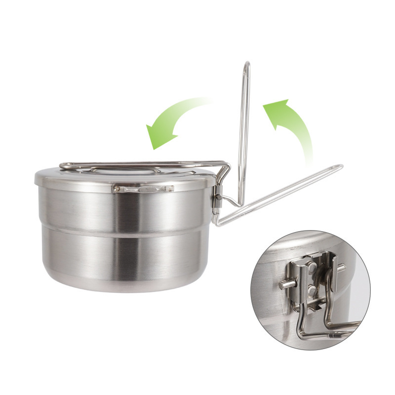 Camping Cooking Pot With Lid - 蓋と折りたたみハンドル付き屋外用ステンレス製調理鍋、キャンプ、ハイキング、釣り、登山、ピクニックに最適