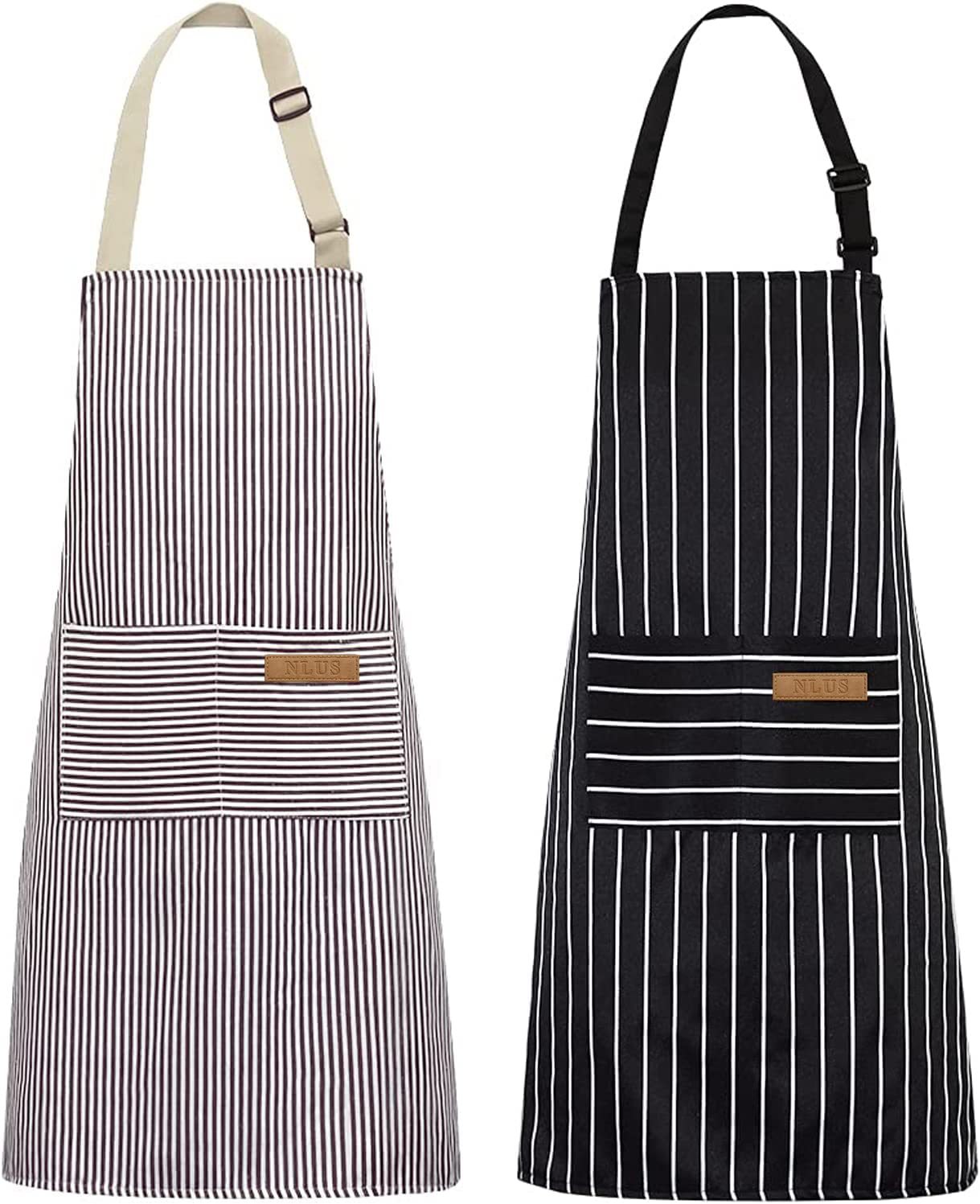 Camping Cooking Apron - 黒白ストライプキッチンエプロン調節可能な耐油性作業エプロン2つのポケット付き男性女性用ベーキングクッキングレストラン用