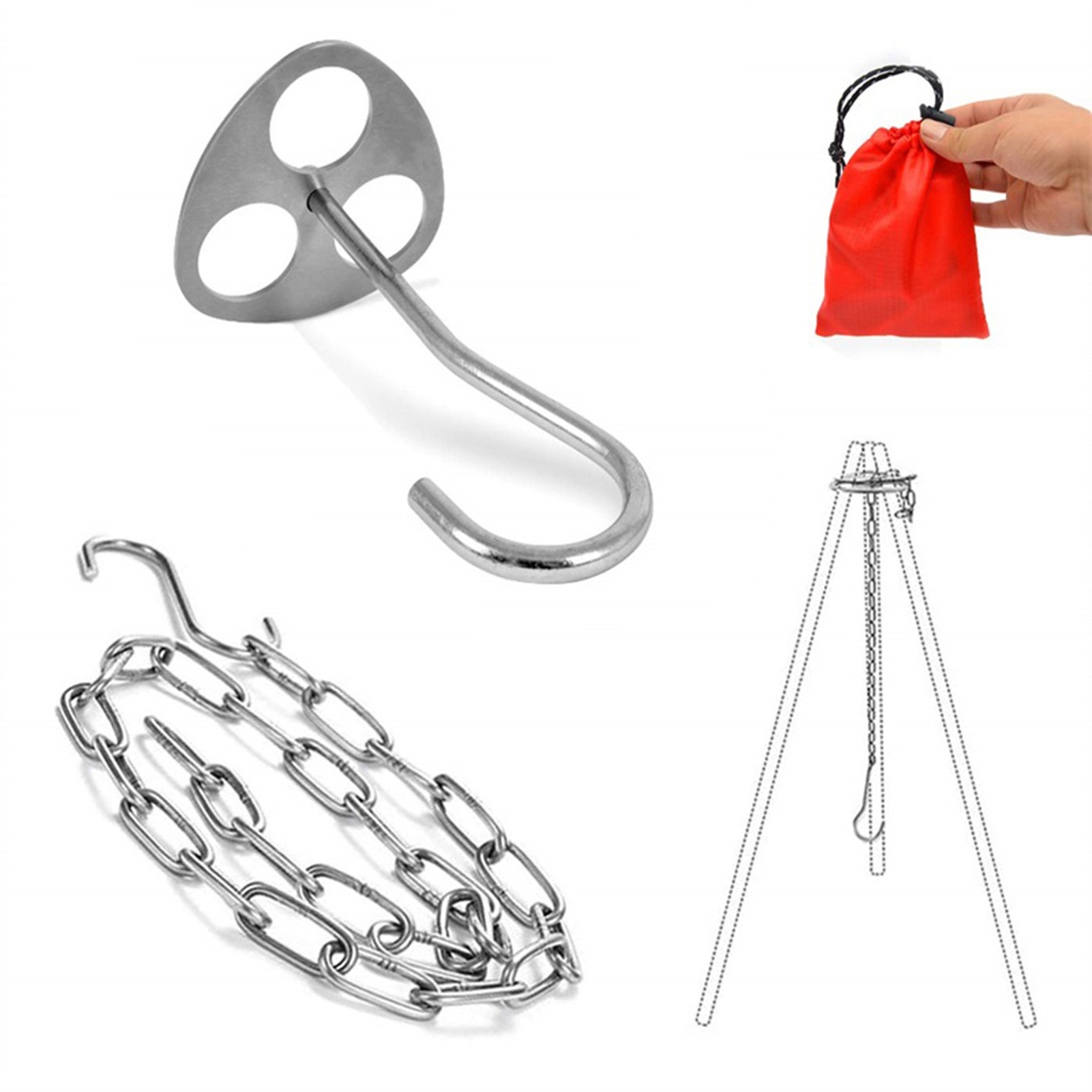 Camping Cooking Pot Tripod - ステンレス製キャンプ用三脚スタンド、調節可能なチェーン付き、吊り下げ調理器具用、屋外調理用サポートプレート、鍋やフライパン用