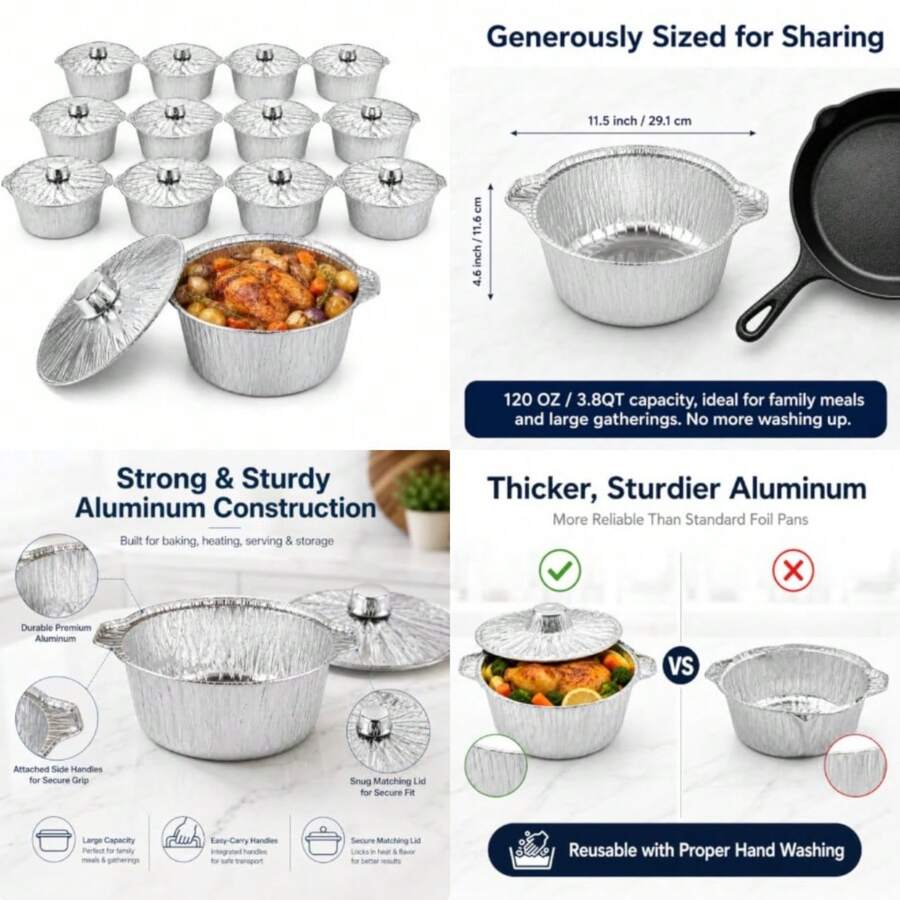 Camping Cooking Pot With Lid - 12パック使い捨てポット蓋付き、キャンプ用ベーキング調理用ホイルパン 120オンス/3.8クォート