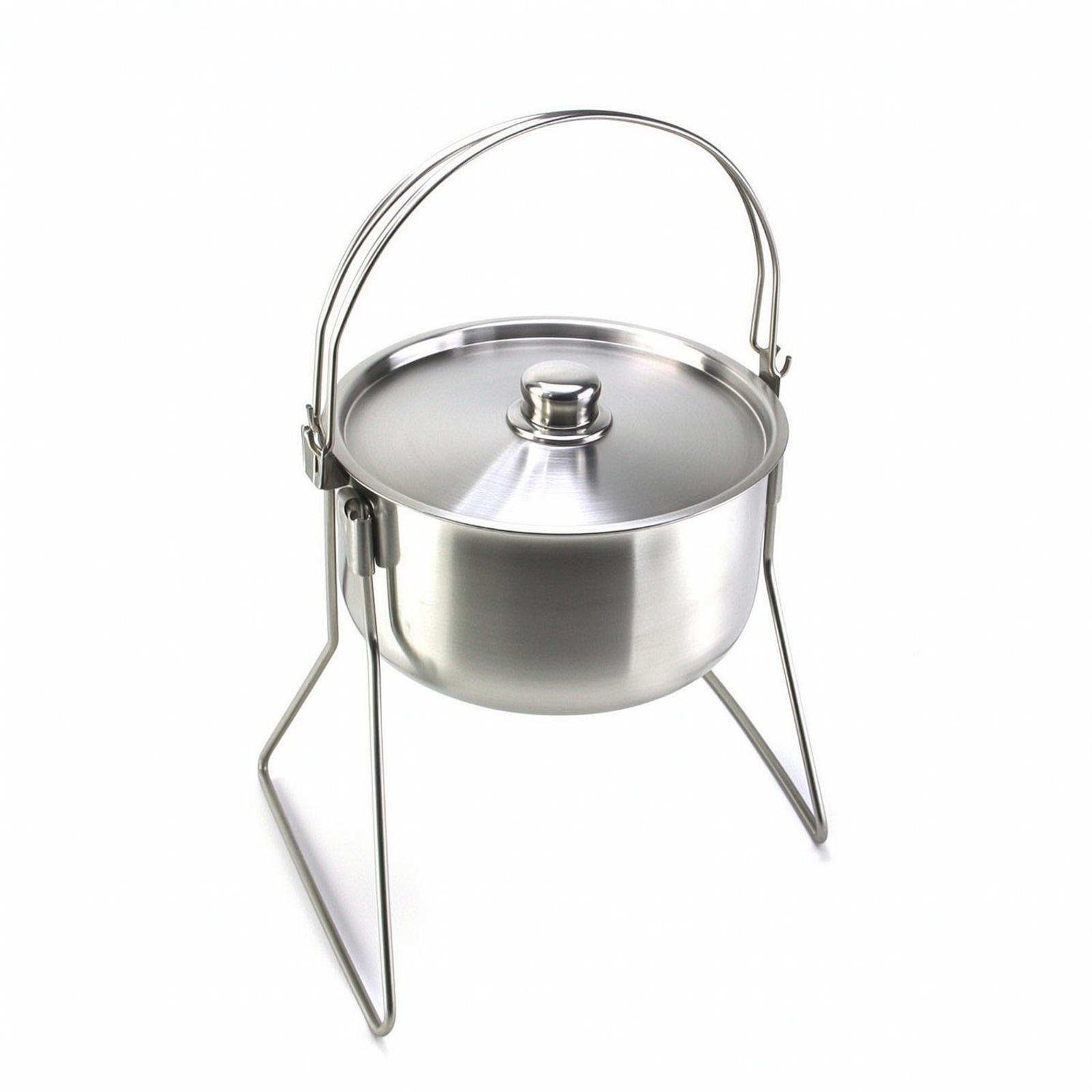 Camping Cooking Pot With Lid - 三脚付きステンレス製キャンプポット（蓋付き、ブラシ仕上げ） - バックパッカー、サバイバリスト、キャンプファイヤー料理、ブッシュクラフトに最適