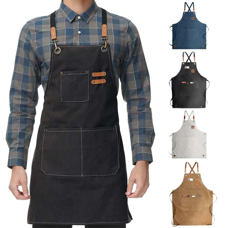 Camping Cooking Apron - 家庭用キャンバスエプロン耐油手を拭くことができますキッチン調理男性女性大人ツールポケット付きファッションコーヒーオーバーエプロン