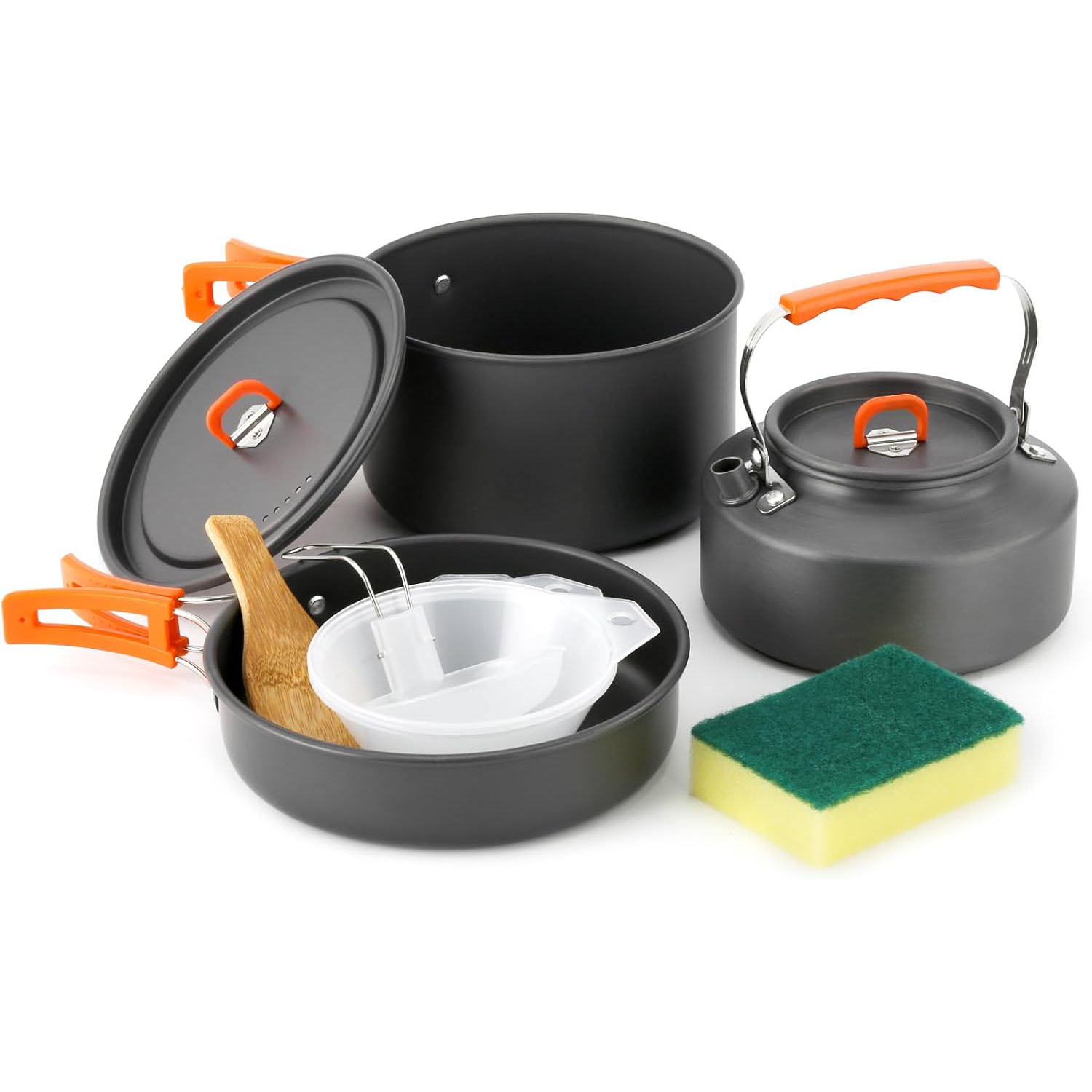 Camping Cooking Kettle - キャンプ用調理器具 キャンプ用ポットとフライパンセット ケトル付き プラスチックボウルとスープスプーン キャンプ、バックパッキング、アウトドアクッキング、P用
