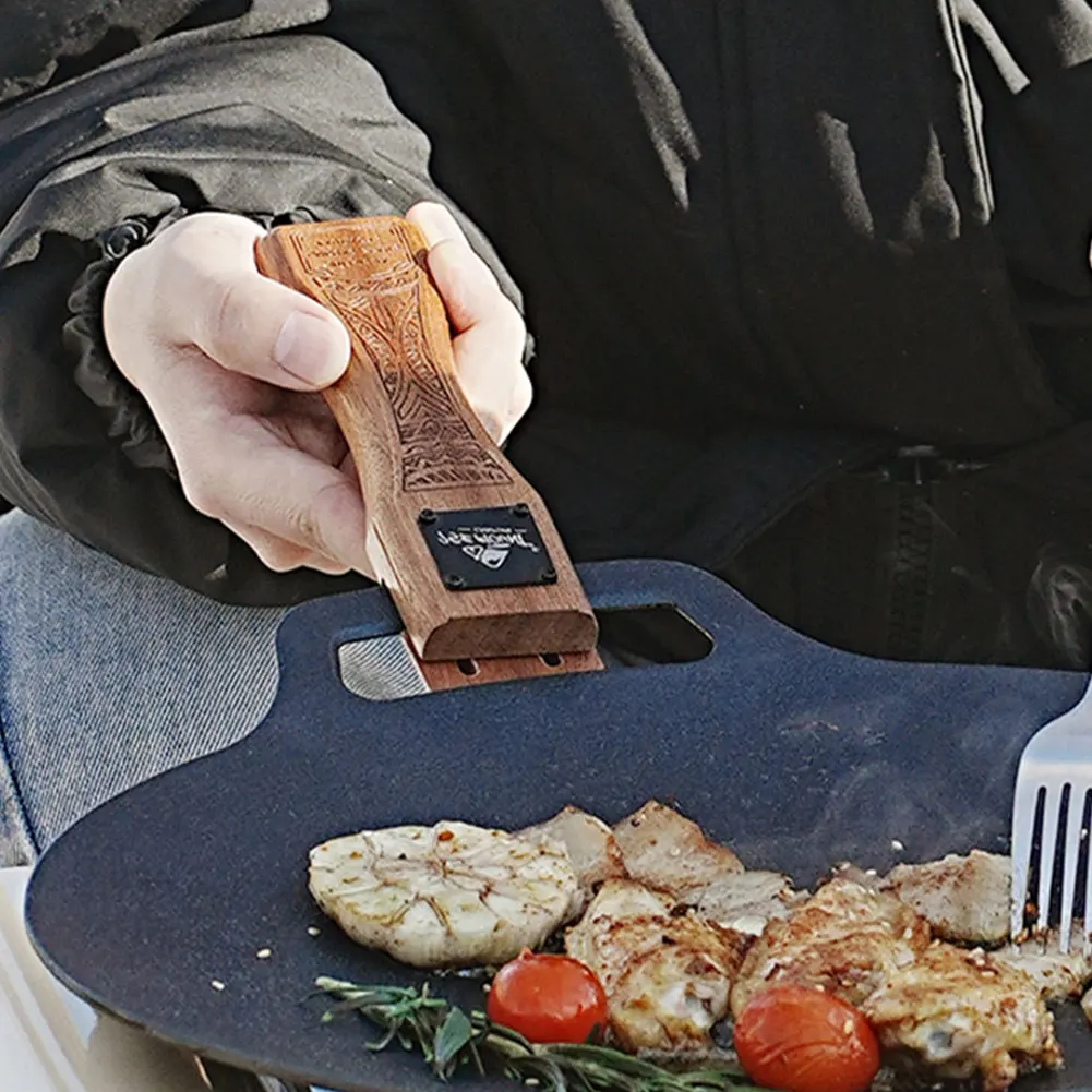 Camping Cooking Handle - 屋外用天然木製グリルパンハンドル、取り外し可能、耐熱性、火傷防止グリップ、BBQプレートクリップ、ポータブルキャンプ調理ツール