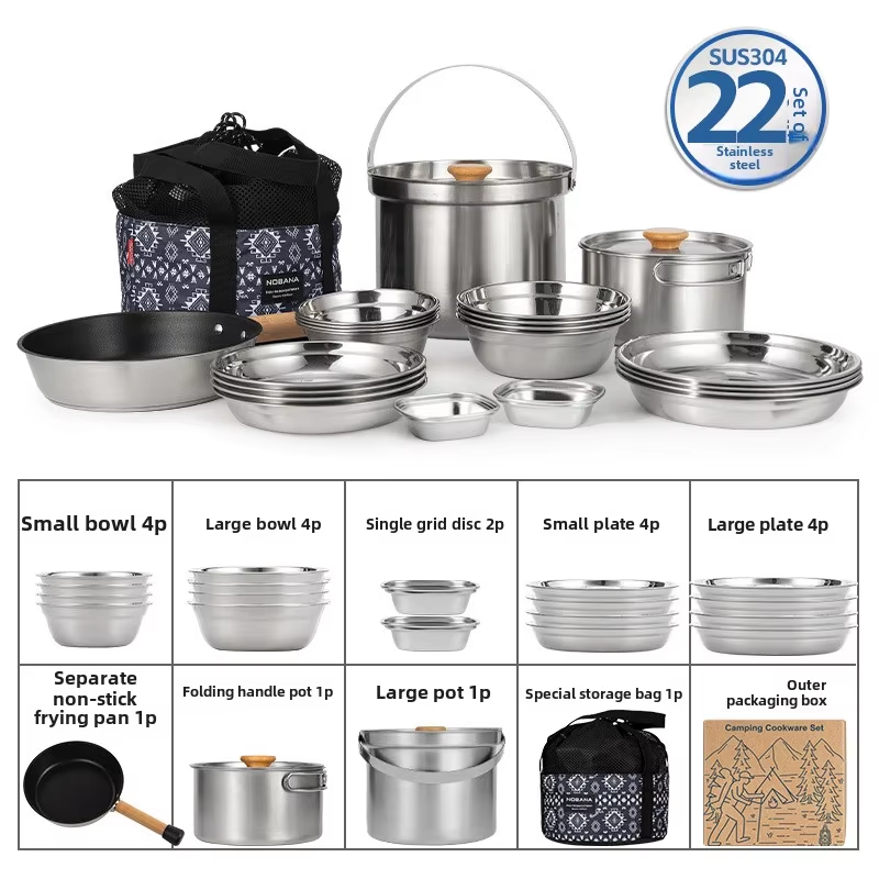 Camping Cooking Pot Stainless Steel - NOBANA 最新の屋外ステンレス鋼ポットセットキャンプファミリーポットセット 5L ポータブルピクニックスープポット揚げ蒸し家庭用ポット