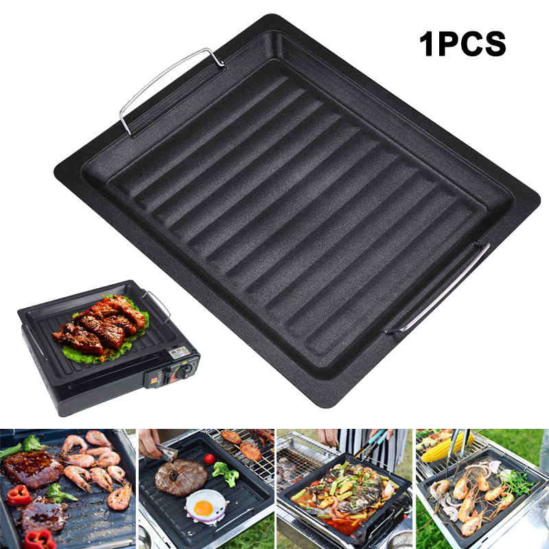 Camping Cooking Handle - 屋外用厚い四角グリルパン 2つのハンドル付き ポータブルノンスティックグリルパン ベーキングトレイ 外出用 バーベキュー