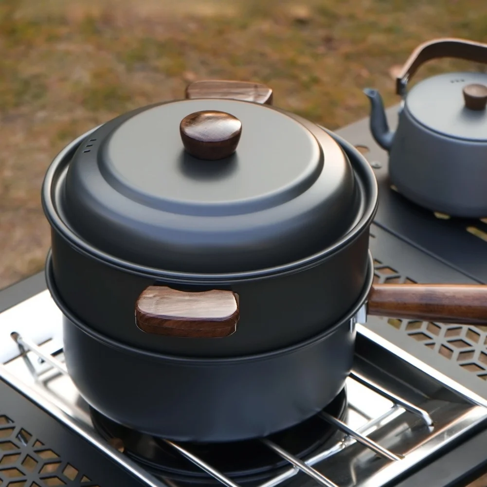 Camping Cooking Pot With Lid - 3L キャンプ調理鍋セット アルミ合金製ホットポットと蒸し器 蓋付き アウトドアピクニックキッチン用品