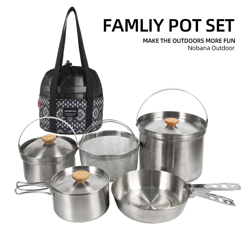 Camping Cooking Pot Stainless Steel - 2026 新しい屋外ステンレス鋼ポットセットキャンプファミリーポットセット 5L ポータブルピクニックスープポット揚げ蒸し家庭用ポット