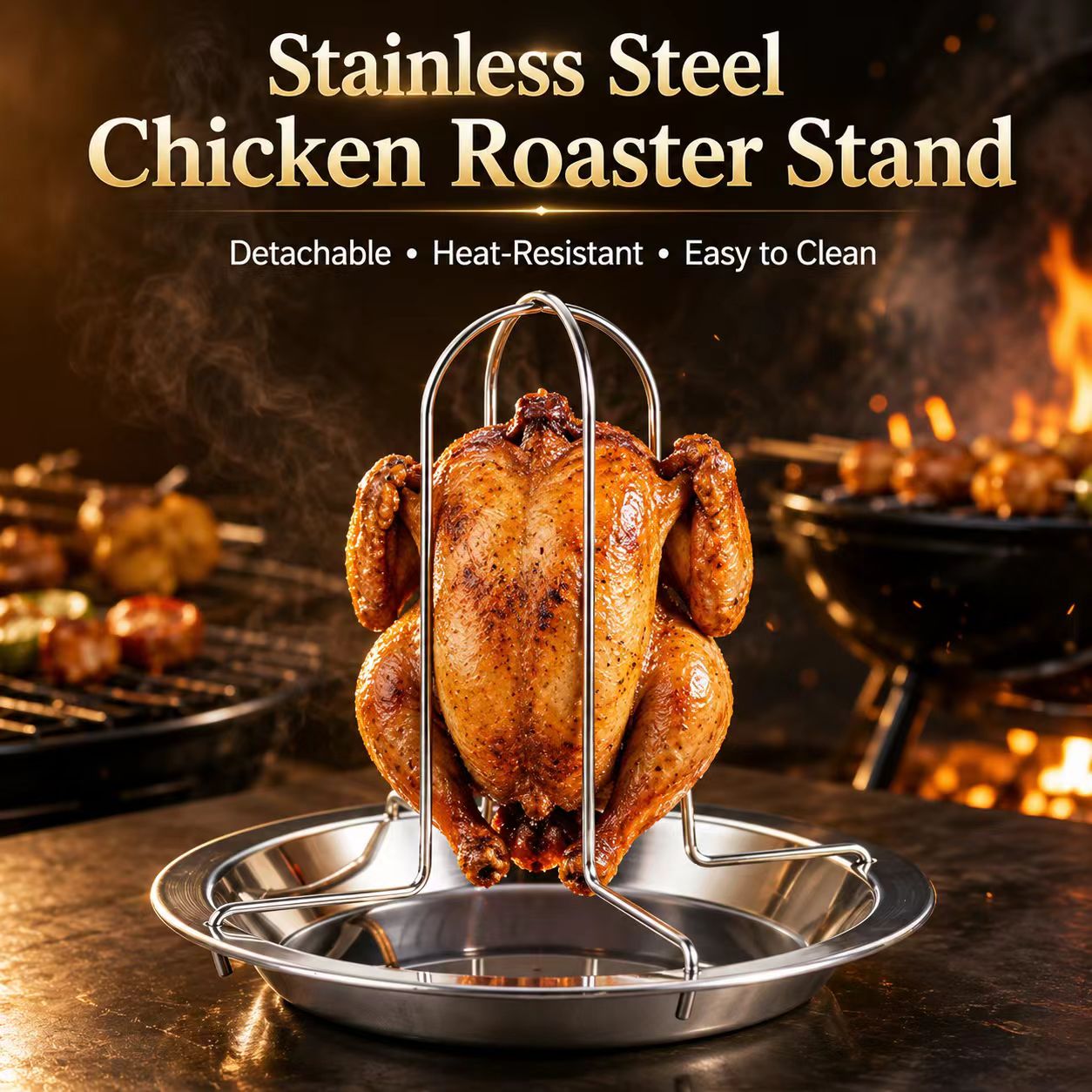 Campfire Cooking - ポータブル鶏肉バーベキューグリルスタンド、屋外キャンプファイヤー用ローストホルダー、キャンプ、裏庭ピクニック、バーベキュー調理用