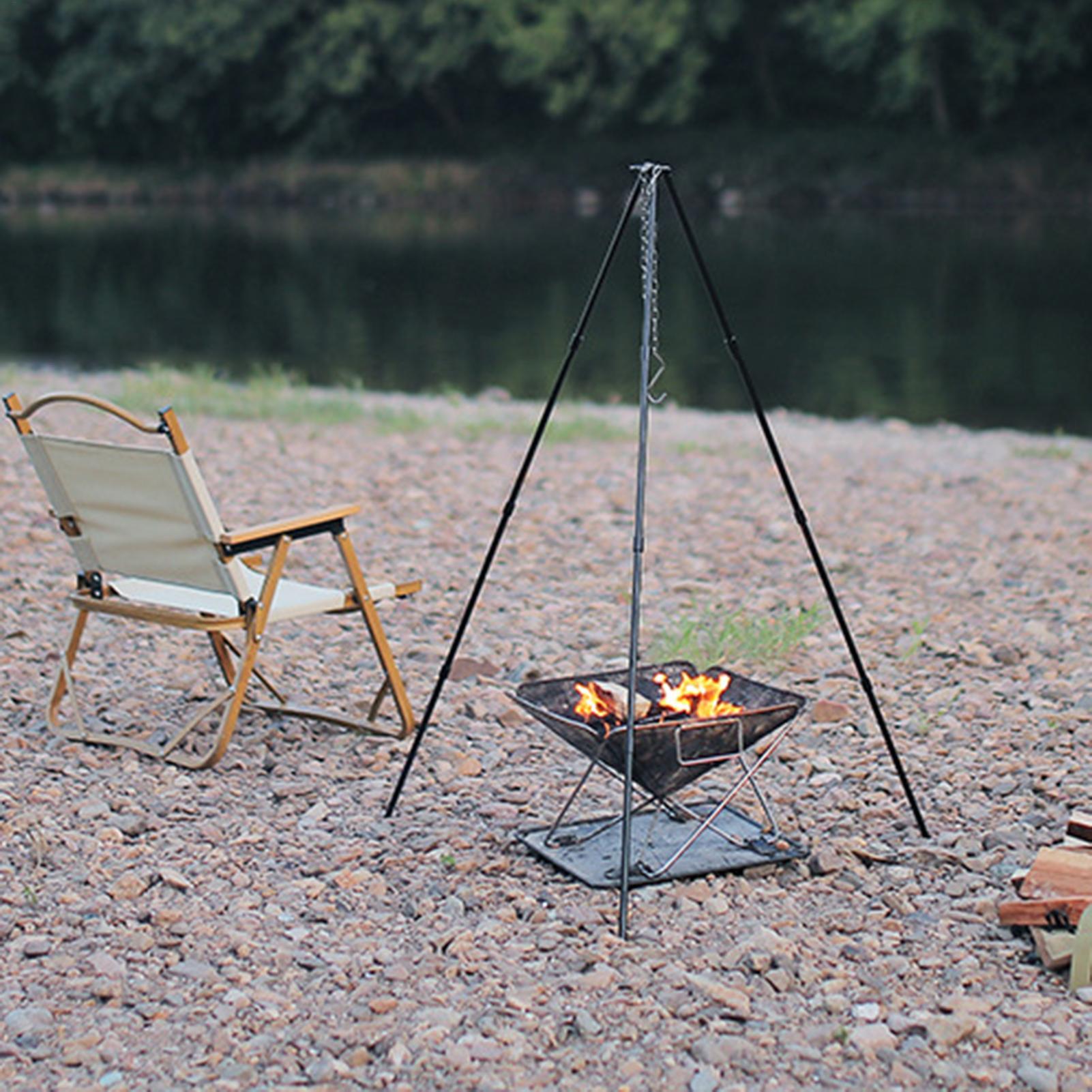 Camping Cooking Pot Tripod - 屋外大型焚き火台三脚ポータブルキャンプ焚き火調理鍋吊り下げ三角スタンドラック調整可能な吊り下げチェーン