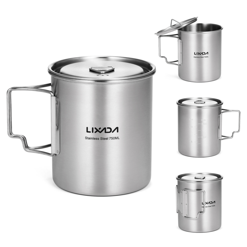 Camping Cooking Handle - Lixada-折りたたみ式ハンドルと蓋付きステンレススチールマグ、屋外ウォーターカップ、キャンプハイキングバックパッキング、750ml