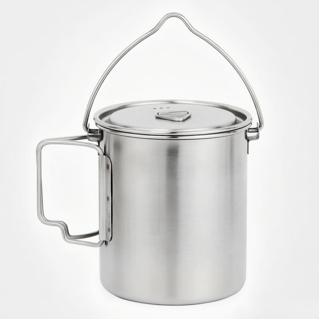 Camping Cooking Pot With Lid - 750ml ステンレス鋼ポット ポータブルウォーターマグカップ 蓋と折りたたみハンドル付き アウトドア キャンプ