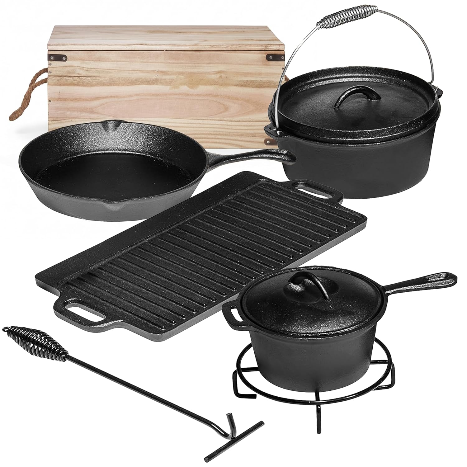 Camping Cooking Pot With Lid - キャンプ用調理器具7点セット。 プレシーズン加工済みの鋳鉄製鍋とフライパン、蓋付きダッチオーブン、屋外焚き火用 グリル調理器具