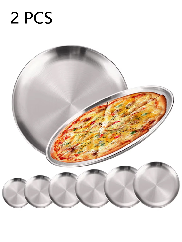 Camping Cooking Tray - 2 個ステンレス鋼ラウンドシルバー浅いトレイプレート防錆 14/17/20/23/26/30 センチメートルキャンププレートバーベキューピクニック食器調理器具