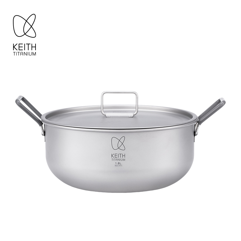 Camping Cooking Handle - KEITH 1.8L 純チタン調理鍋 ポータブルキャンプ用スープポット 収納袋付き 折りたたみハンドル