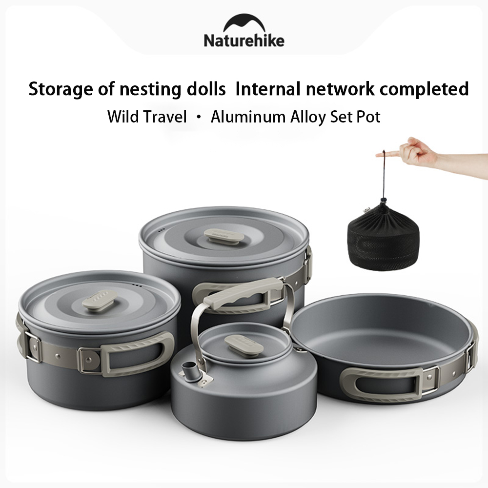 Camping Cooking Pot Stainless Steel - Naturehike アウトドアポットセット、キャンプ調理器具、ポータブルステンレス鋼フライパンハンギングポット、ハイキングピクニック食器