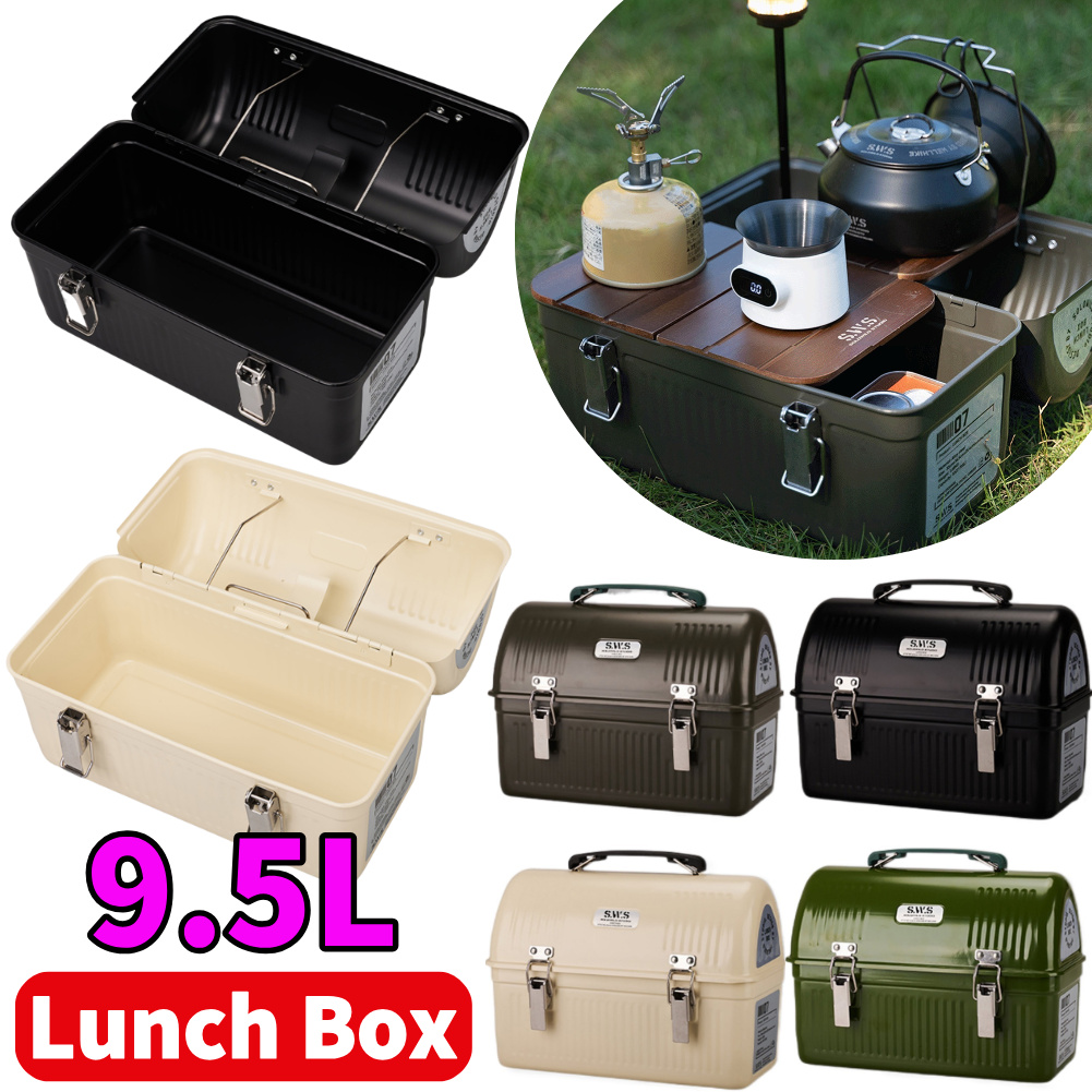 Camping Cooking Box - 9.5L ヴィンテージメタルランチボックス ハンドルとラッチ付き キャンプ 釣り コーヒー