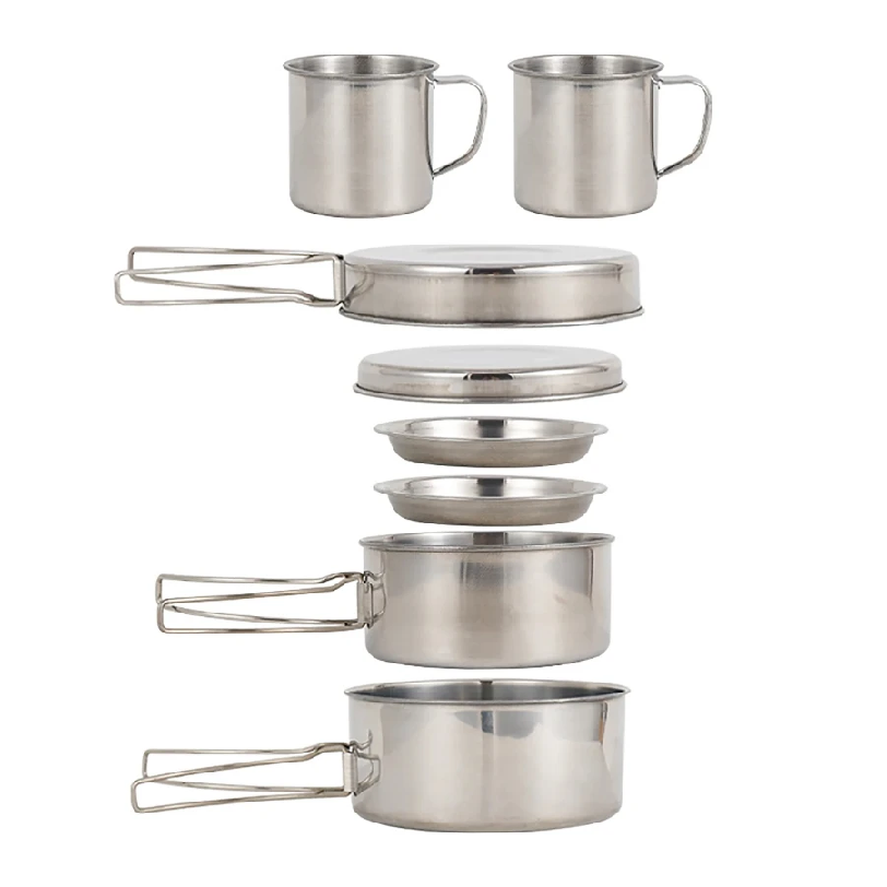 8個/セット キャンプ調理器具セット ステンレス製調理鍋とフ - Camping Cooking Pot Stainless Steel のレビューと価格