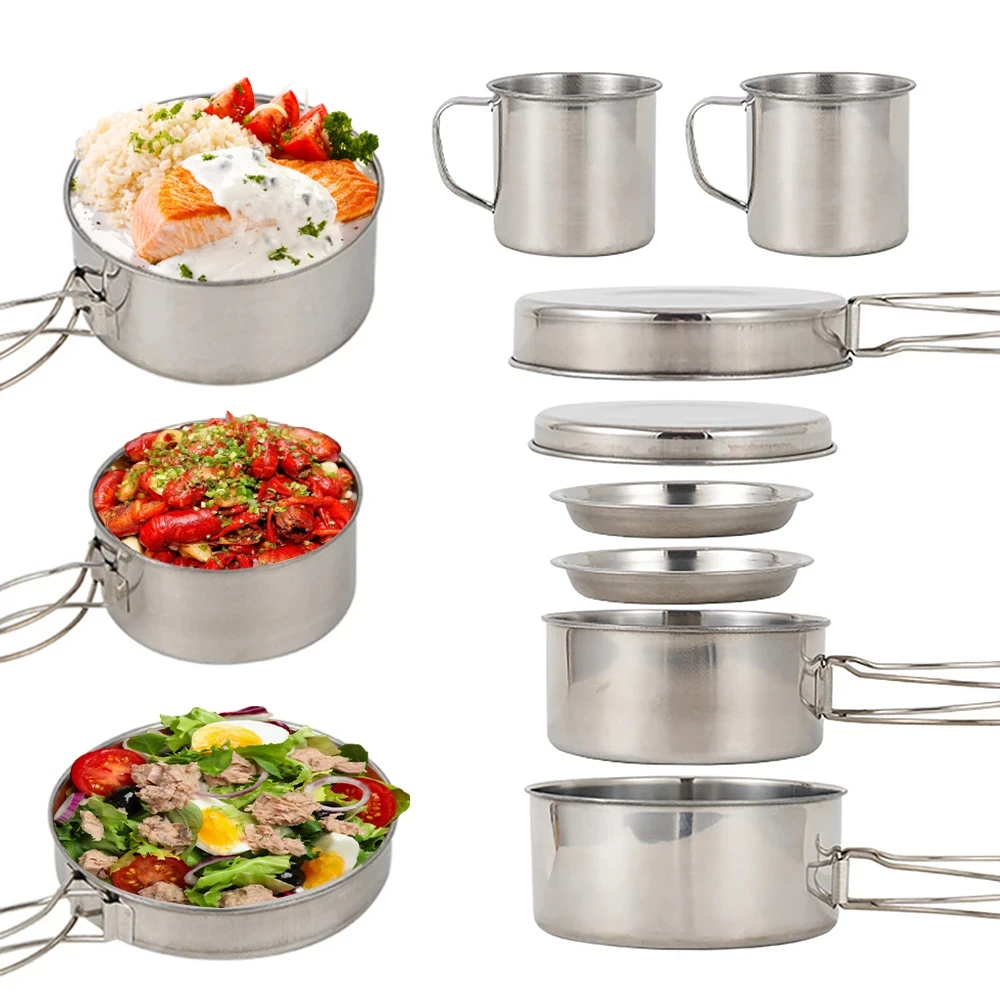 8個/セット キャンプ調理器具セット ステンレス製鍋とフライ - Camping Cooking Disc のレビューと価格