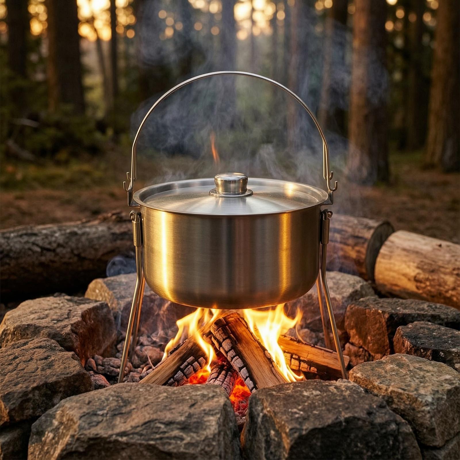 三脚付きステンレス製キャンプポット（蓋付き、ブラシ仕上げ）  - Camping Cooking Pot With Lid のレビューと価格