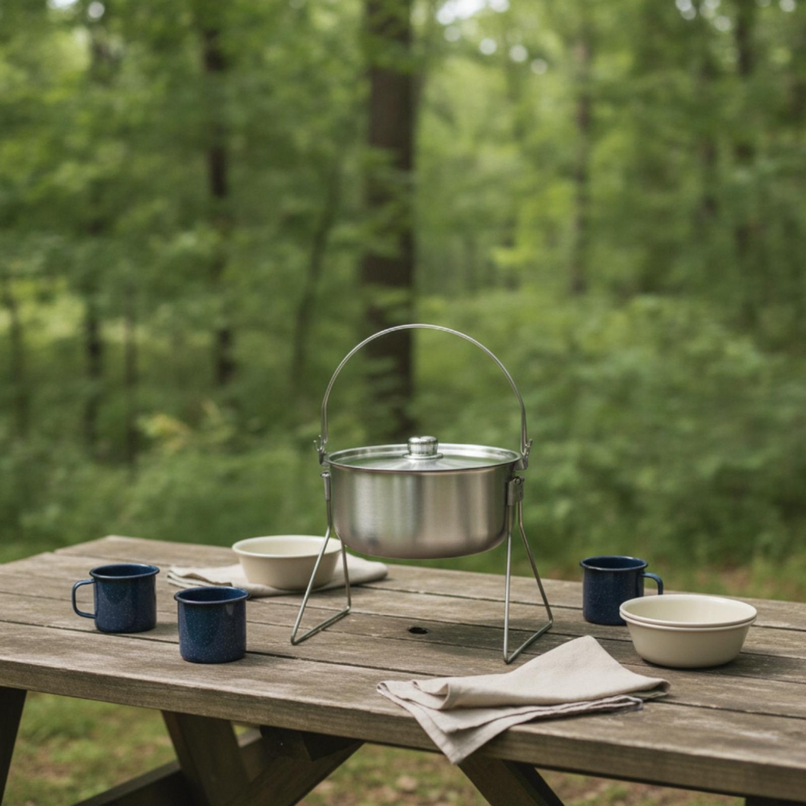 三脚付きステンレス製キャンプポット（蓋付き、ブラシ仕上げ）  - Camping Cooking Pot With Lid のレビューと価格